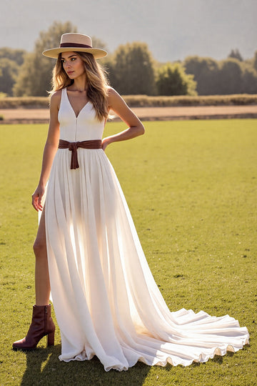 A Line White V-Neck Wedding Dress with Slit